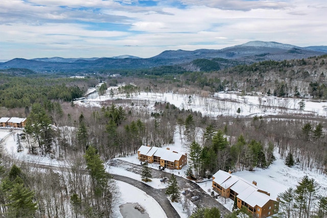 snowy aerial view with a mountain view