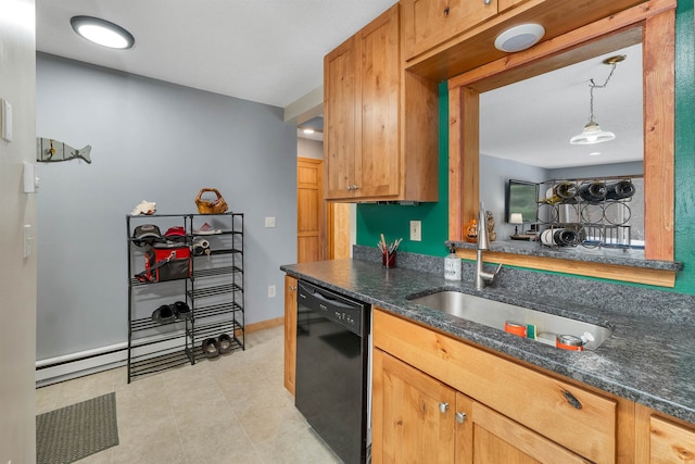 kitchen featuring decorative light fixtures, sink, black dishwasher, and dark stone counters