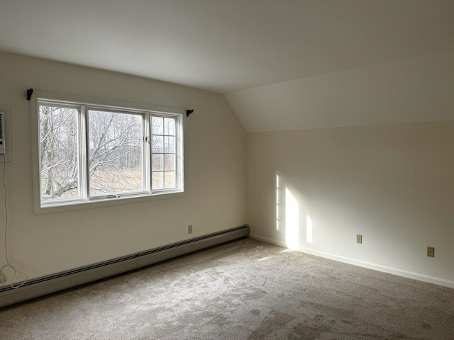 bonus room featuring lofted ceiling, carpet floors, and baseboard heating