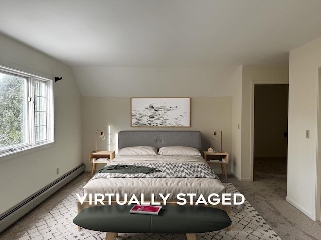 bedroom featuring a baseboard radiator, vaulted ceiling, and carpet flooring