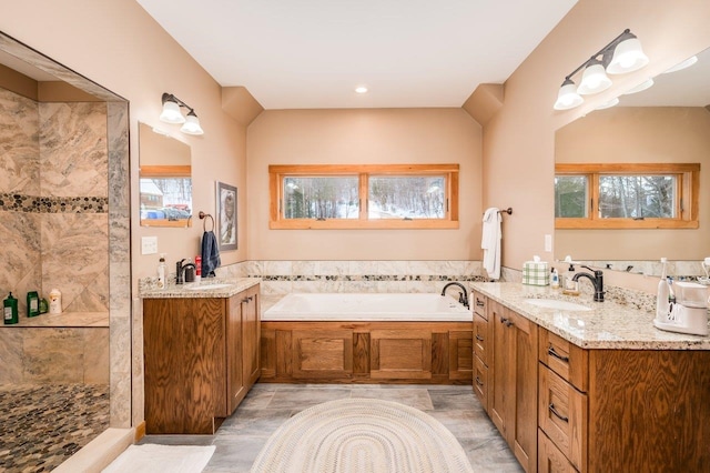 bathroom featuring plenty of natural light, wood-type flooring, a bath, and vanity