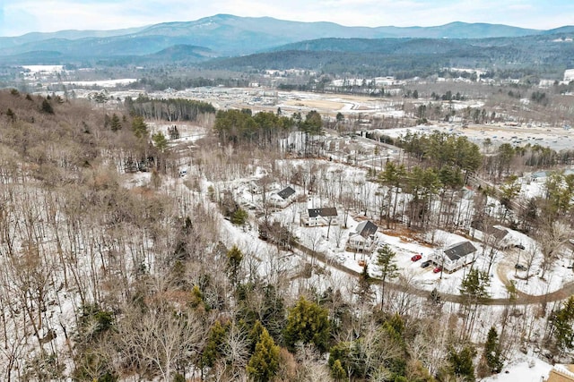 snowy aerial view with a mountain view