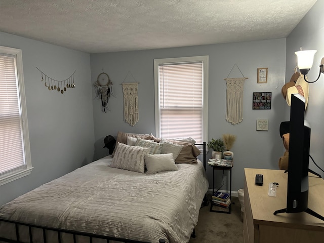 bedroom with carpet floors, multiple windows, and a textured ceiling