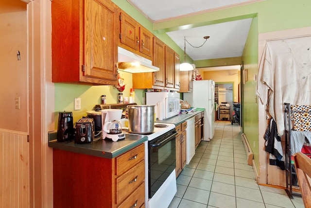 kitchen featuring white appliances, hanging light fixtures, light tile patterned floors, ornamental molding, and a baseboard radiator