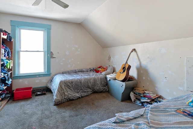 carpeted bedroom featuring ceiling fan and lofted ceiling