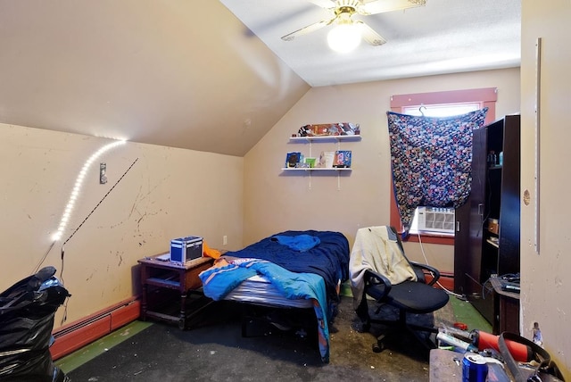 bedroom featuring a baseboard heating unit, cooling unit, vaulted ceiling, ceiling fan, and concrete floors