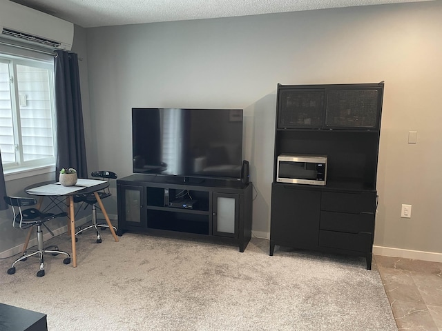 living room with light colored carpet, a textured ceiling, and a wall mounted AC