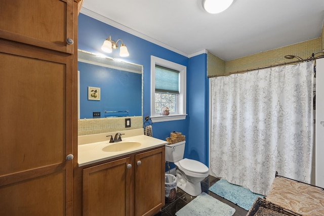 bathroom with walk in shower, vanity, ornamental molding, and toilet