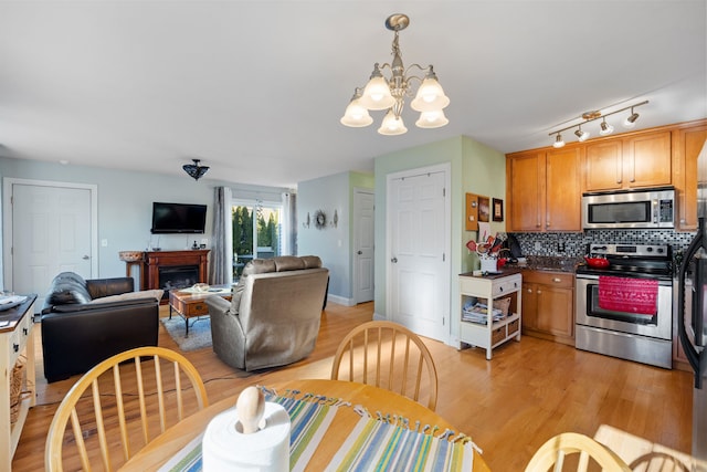 kitchen with stainless steel appliances, an inviting chandelier, tasteful backsplash, pendant lighting, and light hardwood / wood-style floors