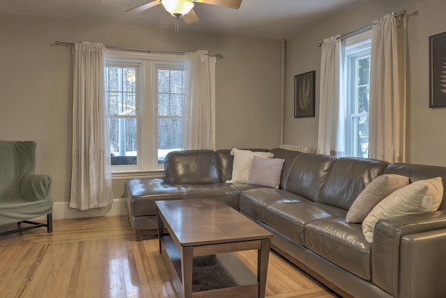 living room featuring ceiling fan and light wood-type flooring