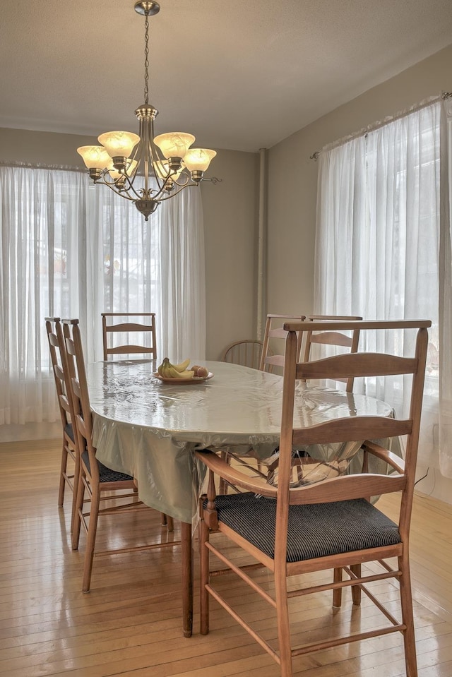 dining area with light hardwood / wood-style flooring, an inviting chandelier, and a wealth of natural light