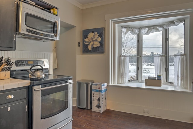 kitchen with tile counters, dark hardwood / wood-style floors, crown molding, and appliances with stainless steel finishes