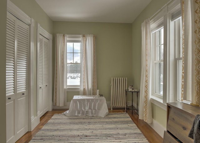 sitting room featuring hardwood / wood-style flooring and radiator