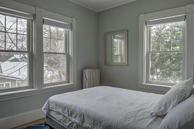 bedroom with radiator, hardwood / wood-style floors, and multiple windows