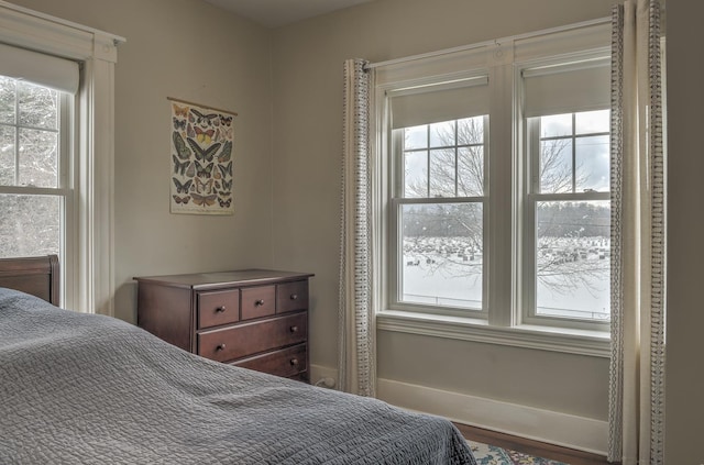 bedroom with wood-type flooring and multiple windows