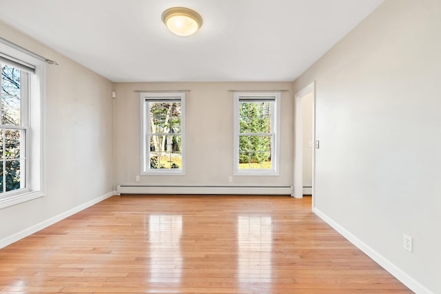 unfurnished room featuring light hardwood / wood-style flooring and a baseboard radiator