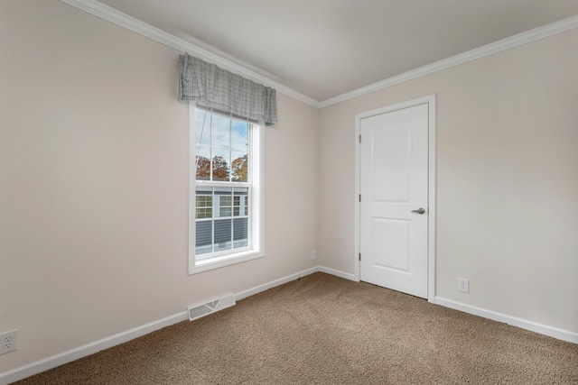 carpeted spare room featuring ornamental molding