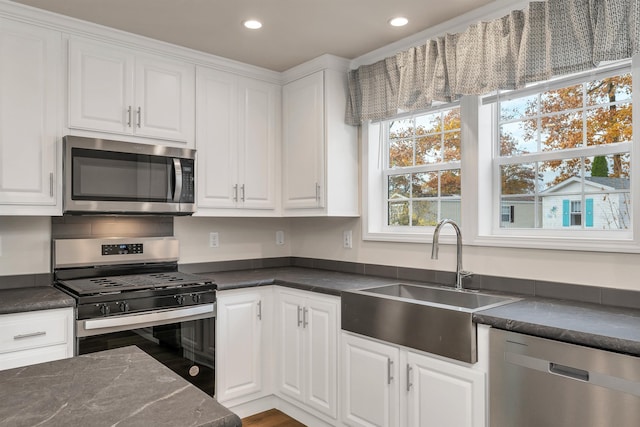 kitchen with stainless steel appliances, white cabinetry, hardwood / wood-style flooring, and sink