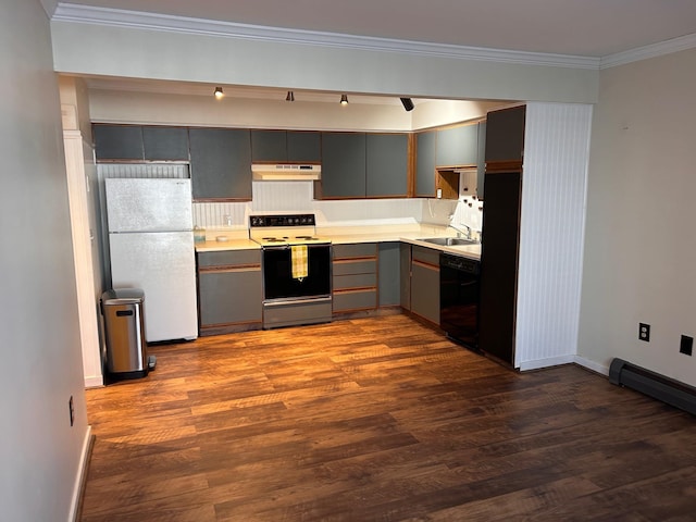 kitchen featuring gray cabinetry, dishwasher, hardwood / wood-style floors, white fridge, and electric stove