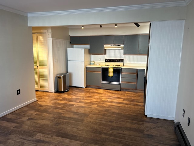 kitchen featuring white appliances, dark hardwood / wood-style floors, a baseboard radiator, and crown molding