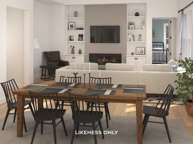 dining room with built in features and wood-type flooring