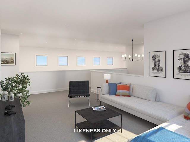 living room featuring carpet flooring and an inviting chandelier