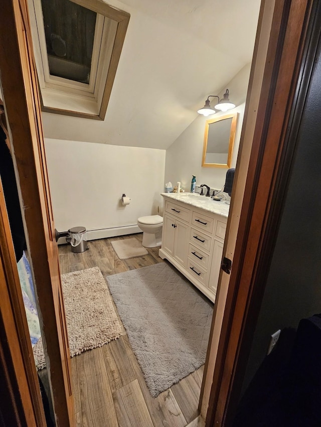 bathroom with toilet, vanity, lofted ceiling, and wood finished floors