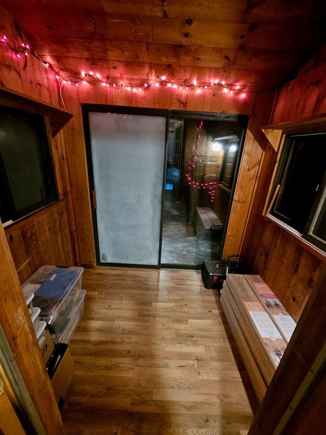 interior space featuring wood finished floors and wood walls