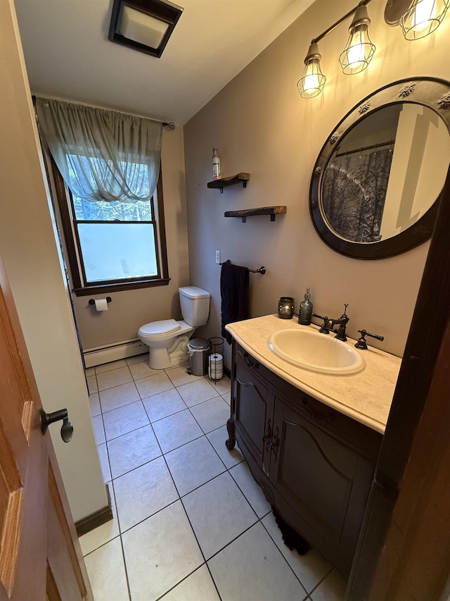 full bathroom featuring vanity, a baseboard radiator, lofted ceiling, tile patterned floors, and toilet