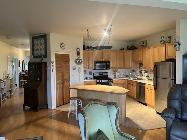 kitchen with light hardwood / wood-style flooring, stainless steel appliances, and sink