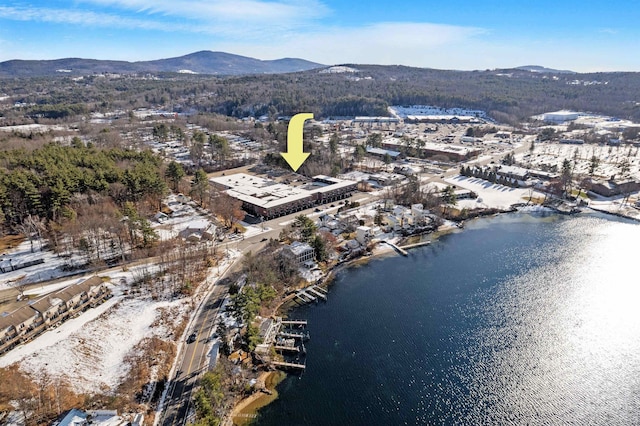 drone / aerial view with a water and mountain view