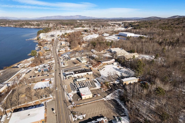 aerial view featuring a water and mountain view