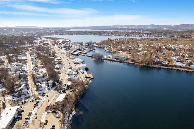 birds eye view of property with a water and mountain view