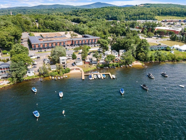 drone / aerial view with a water and mountain view