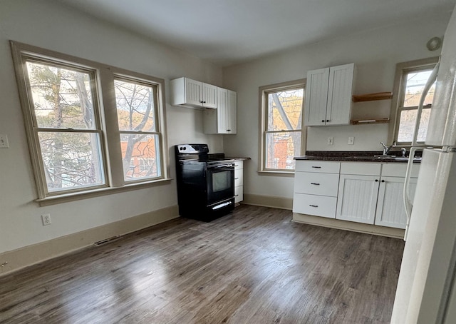 kitchen with black / electric stove, sink, white cabinets, and hardwood / wood-style flooring