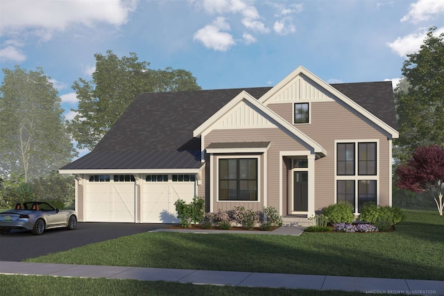 view of front of home featuring a front yard and a garage