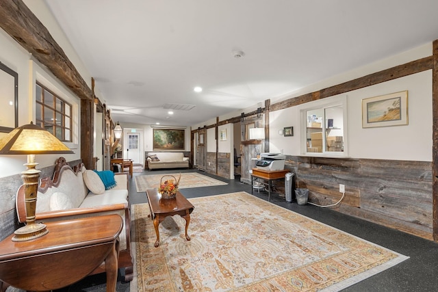 living room with a barn door