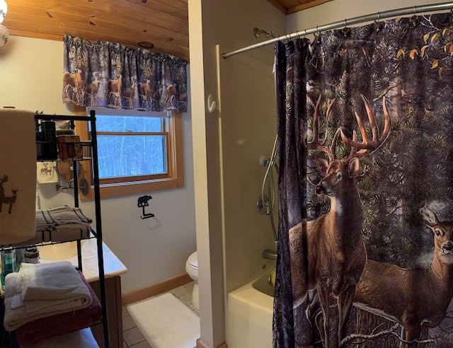 bathroom with toilet, shower / bath combo, tile patterned floors, and wood ceiling