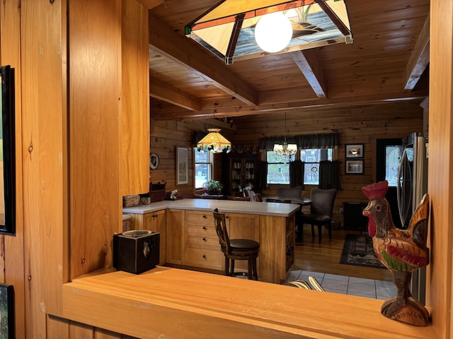 kitchen featuring beam ceiling, kitchen peninsula, pendant lighting, light hardwood / wood-style floors, and wooden walls