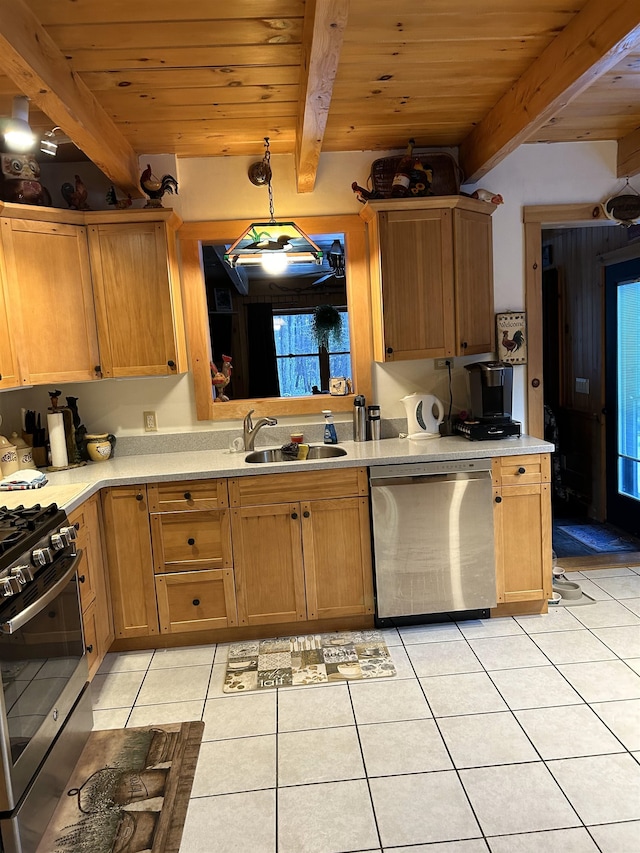 kitchen featuring appliances with stainless steel finishes, wood ceiling, sink, decorative light fixtures, and beamed ceiling