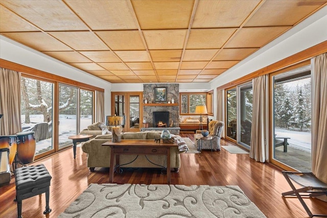 living room with hardwood / wood-style floors and a fireplace