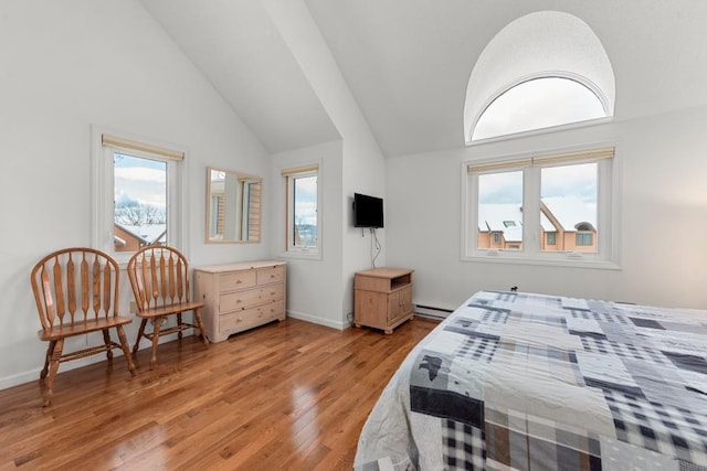 bedroom featuring light hardwood / wood-style floors, high vaulted ceiling, multiple windows, and a baseboard radiator