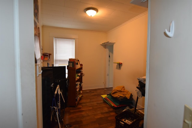 corridor featuring dark hardwood / wood-style flooring and ornamental molding