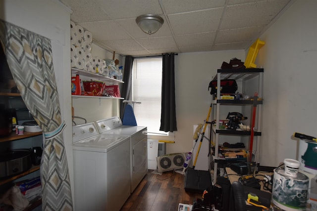 clothes washing area featuring dark hardwood / wood-style floors and washing machine and clothes dryer