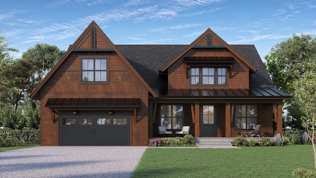 log cabin featuring covered porch, a garage, and a front lawn