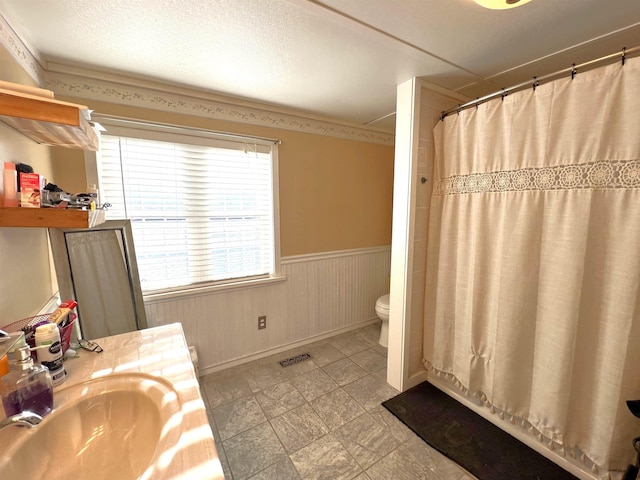 bathroom featuring vanity, a shower with shower curtain, and toilet