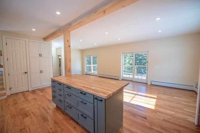 kitchen featuring butcher block counters, beamed ceiling, a baseboard radiator, and light wood-type flooring