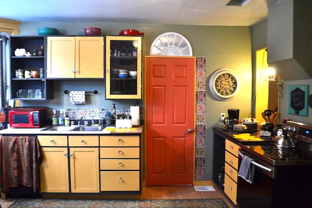 kitchen with black electric range oven, sink, and dark wood-type flooring