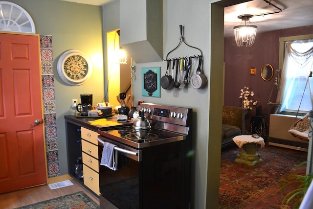 kitchen with electric range, hardwood / wood-style flooring, and exhaust hood