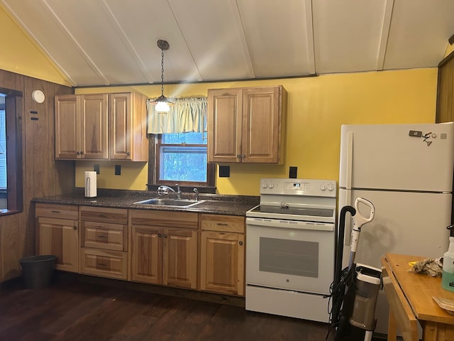 kitchen featuring white appliances, sink, pendant lighting, dark hardwood / wood-style floors, and lofted ceiling